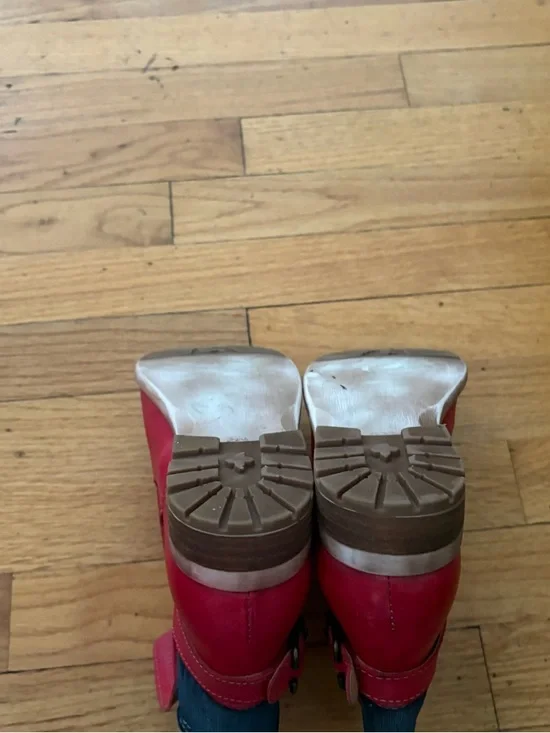 Stockerpoint Red Leather & Denim Ankle Boots Buckle Moto Euro 38 US 8 - Picture 5 of 6